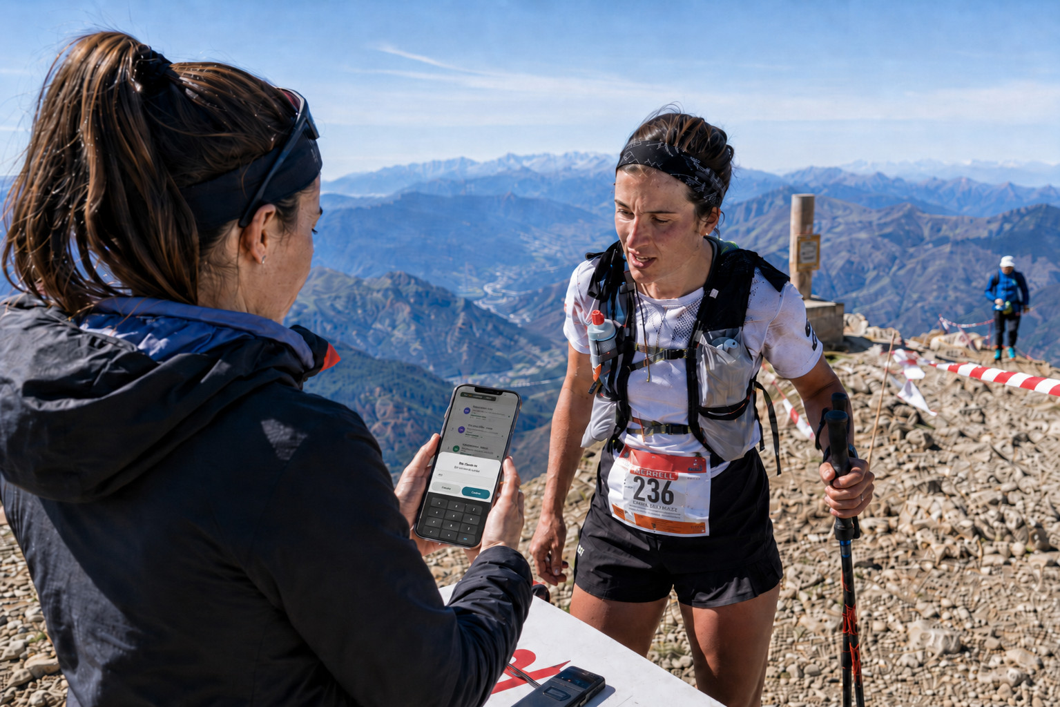 Race official at a mountain summit with a sweeping view over the clouds