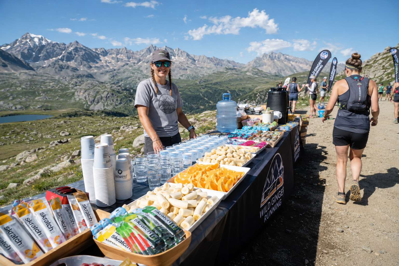 Aid station table loaded with food outdoors